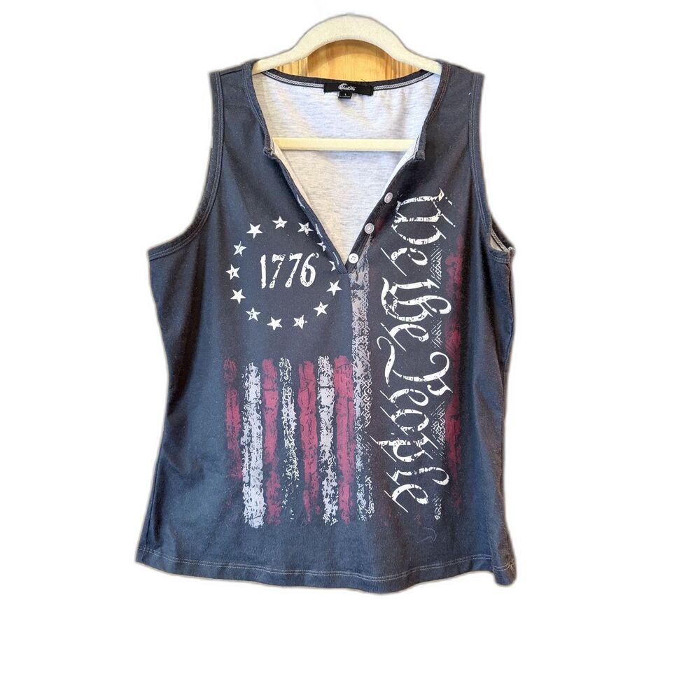 We The People 1776 Tank Top Split V Neck Button Front Americana Graphic Large